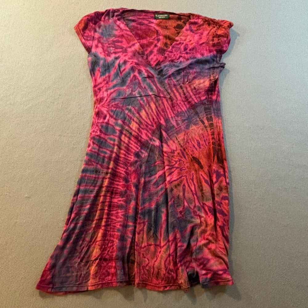 Kathmandu Imports Tie Dye V-Neck Dress Womens S Pink Purple Boho Hippie Boho